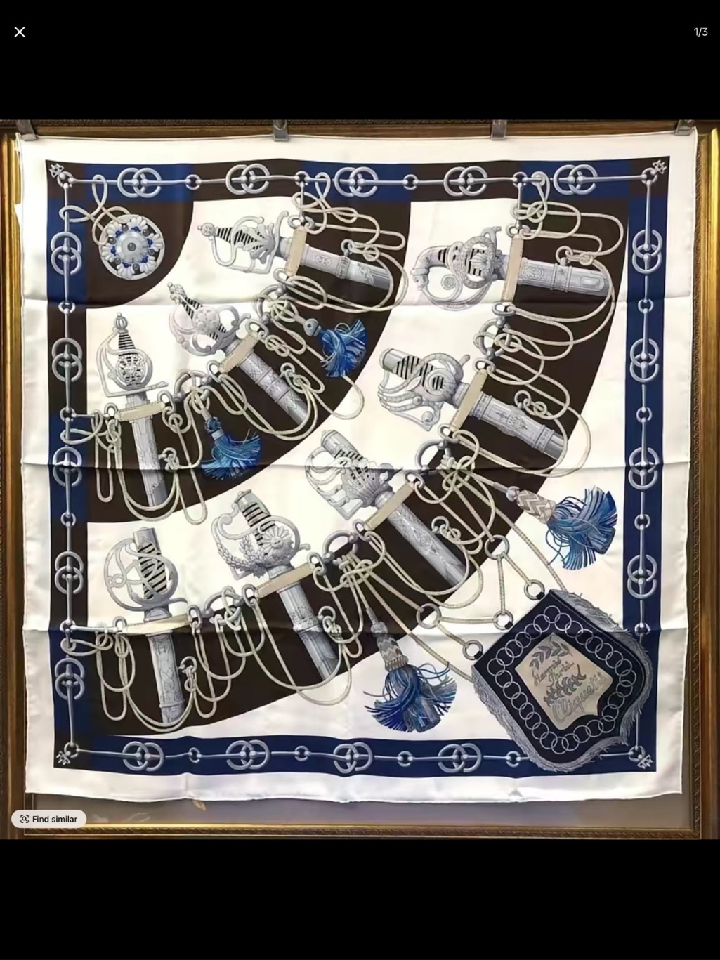 Hermes Blue Navy White Equestrian Tassel Silk Scarf
